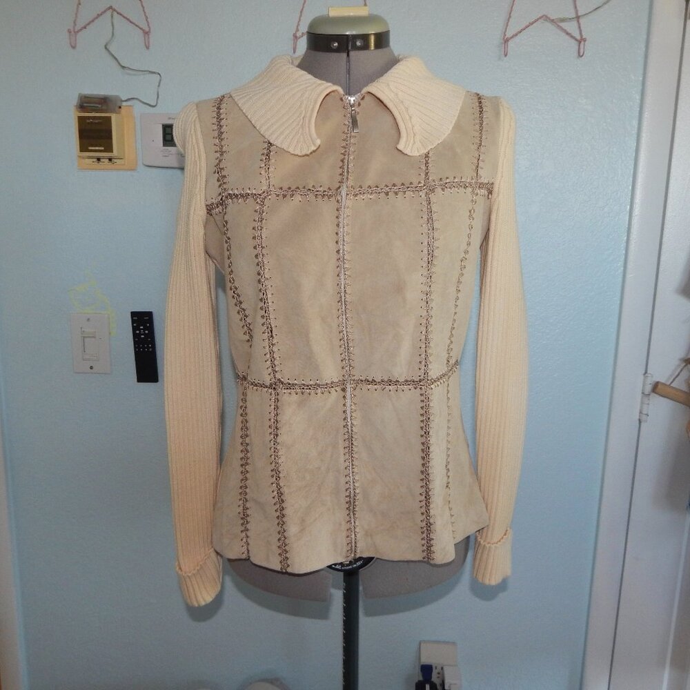 Sigrid Olsen Size XS Tan Leather Silk Cotton Jacket Coat Boho Knit